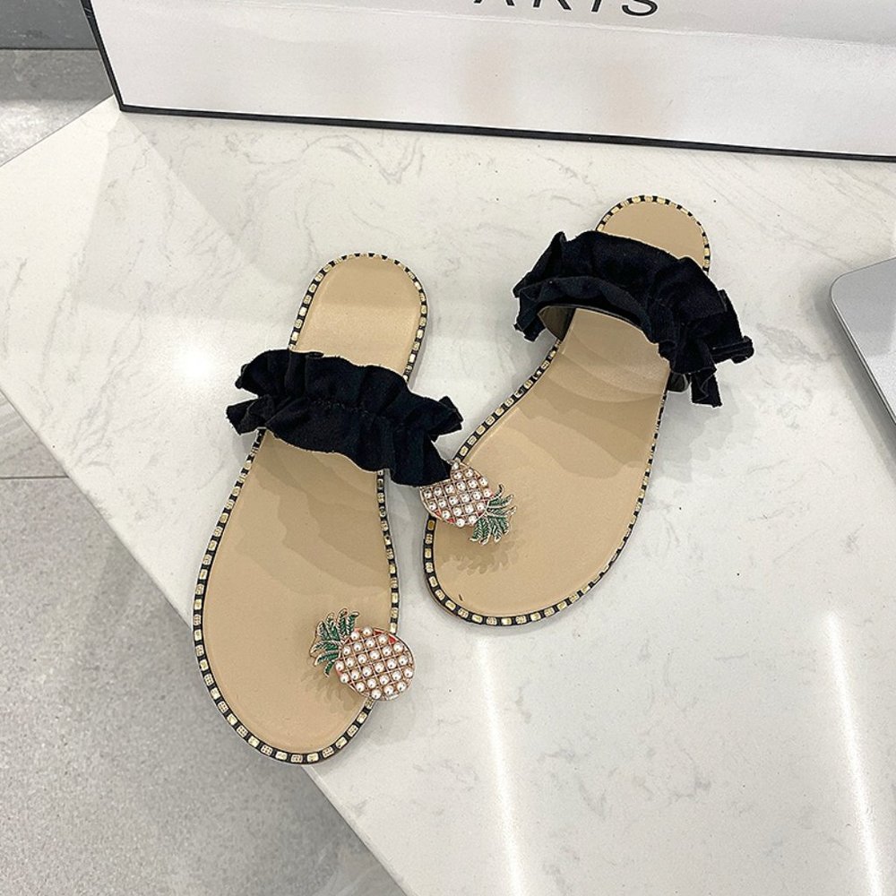 Pineapple Pearl Flat Slide Toe-Ring Sandal in Black + Beige